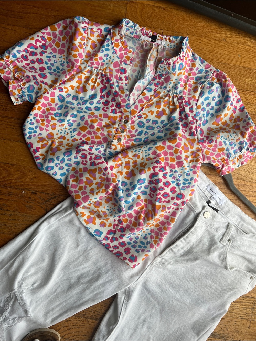 Michelle McDowell Pastel Leopard V-Neck Blouse in Pink, Blue & Orange size XS